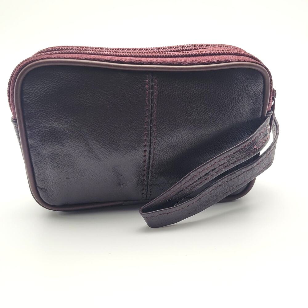 Maroon Purple Leather Travel Wristlet Double Zip Small Organizer Pouch NWT Soft